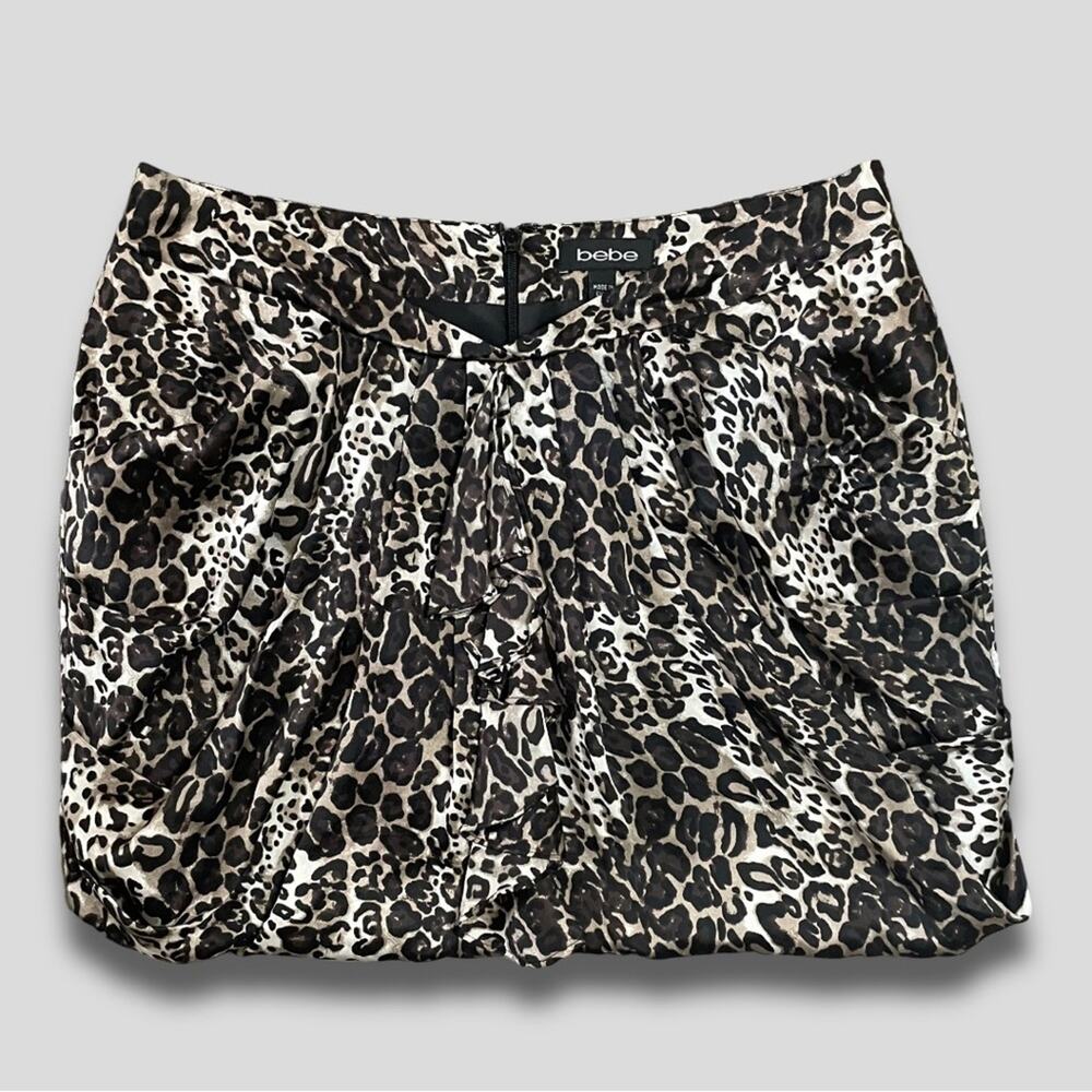 Bebe Vintage Y2k Mini Medium Skirt Leopard Animal Print Silk Satin Bubble Hem